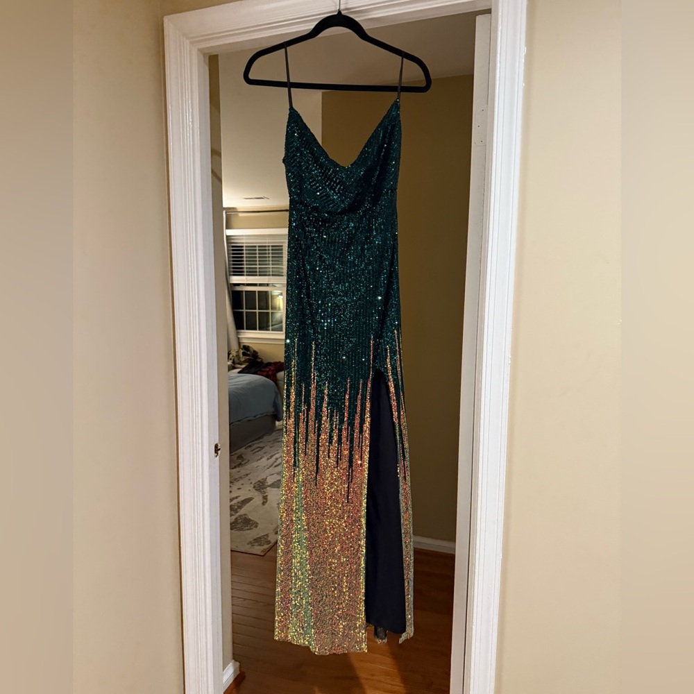 City Triangles Green and Gold Sequin Backless Gown